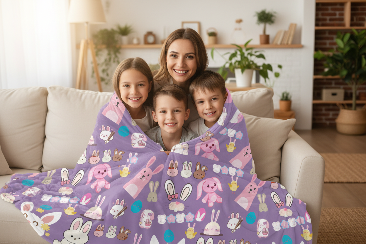 Family wrapped in Easter bunny print blanket